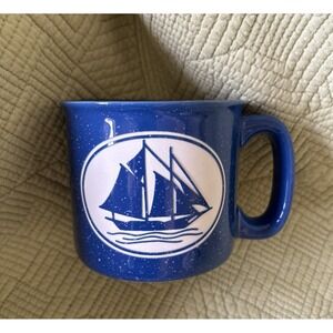 Cape Shore Blue 3D Sailboat White Etched Faux Enamel Speckled Stoneware Camp Mug